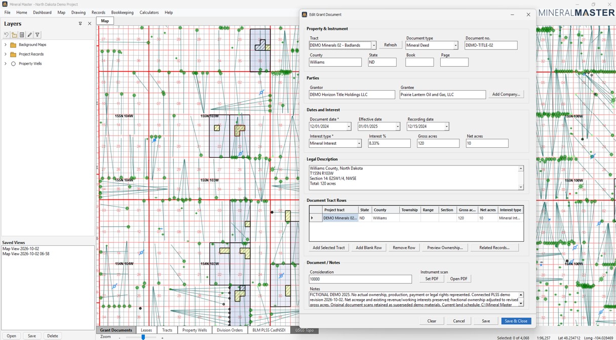 MineralMaster map of Williams County, North Dakota, with PLSS grid, tracts, and wells, and an open Edit Grant Document window